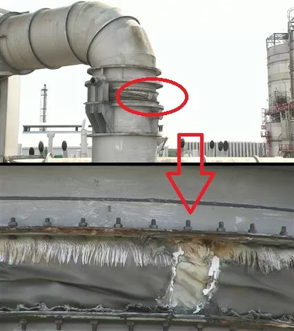 Drone-inspectie van een silo op 70 meter hoogte met een defecte, gescheurde grijze membraandichting bij een flensverbinding.