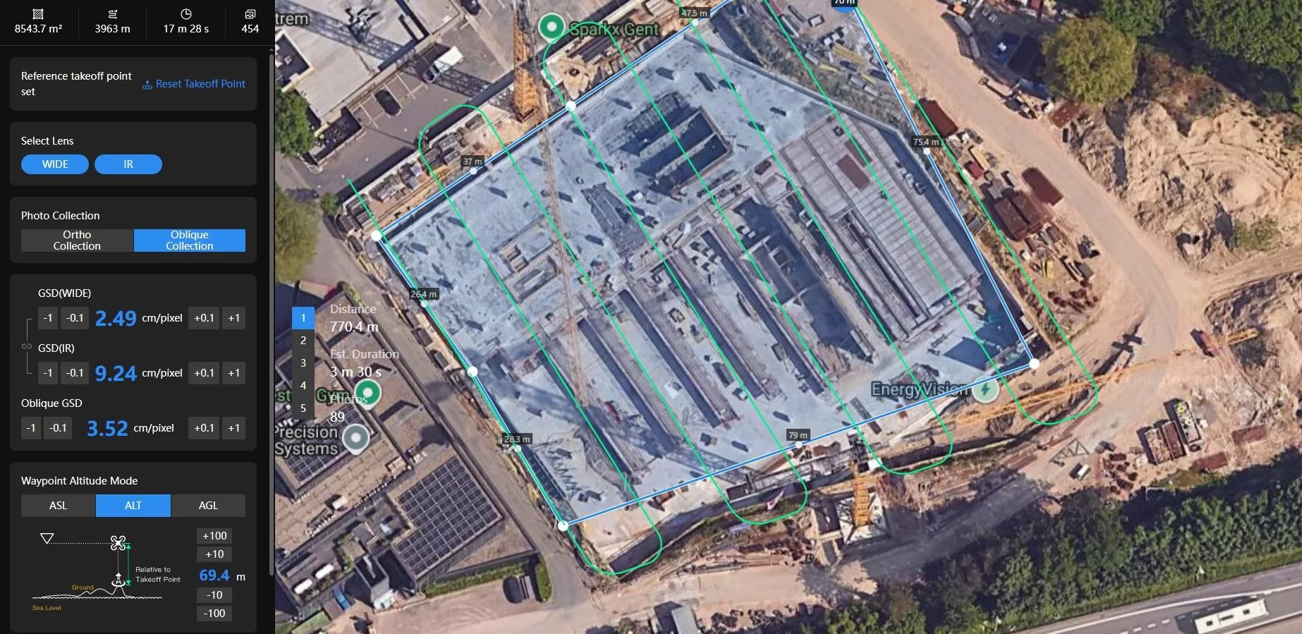 Capture d'écran de la planification de mission DJI FlightHub 2 pour le suivi de chantier.