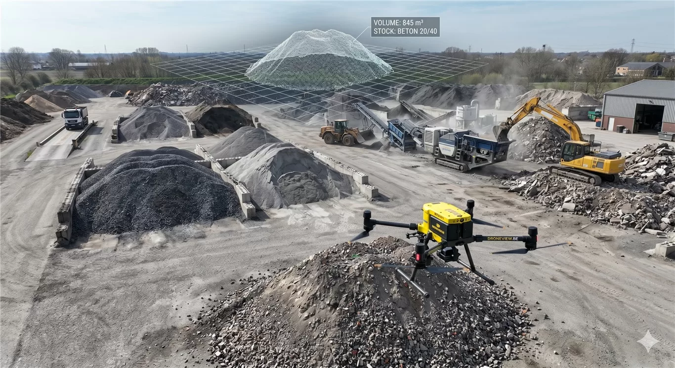 Drone volumemeting van bulkmaterialen en stockinventarisatie op een breekwerf