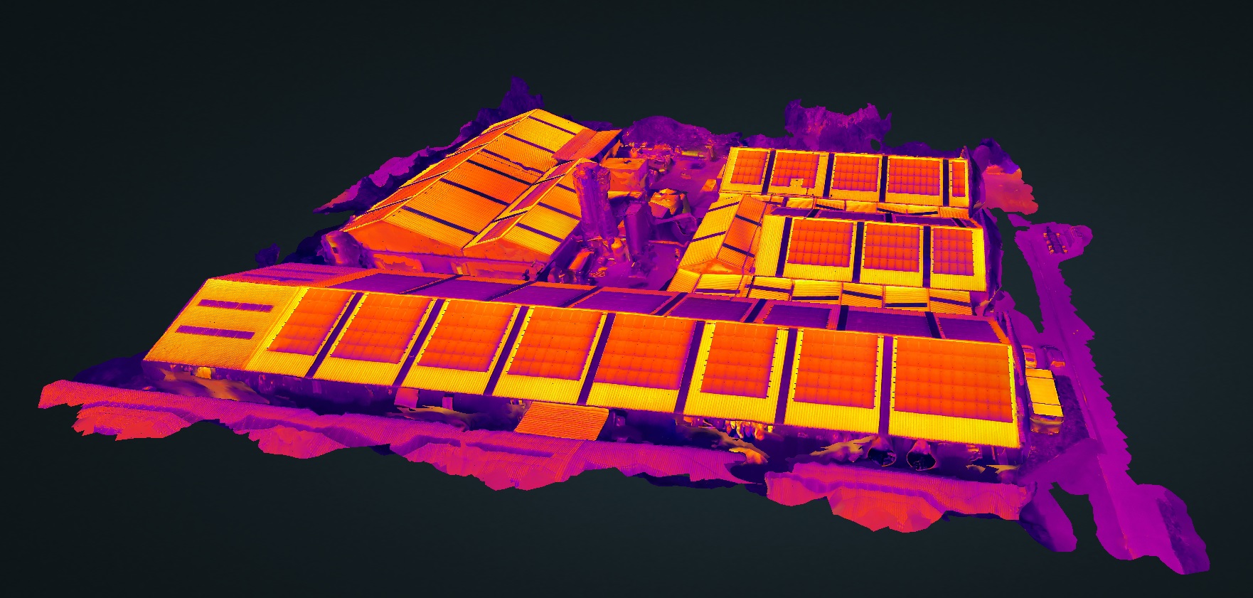 Interactieve 2D orthomosaic en 3D Digital Twin van een PV-installatie in de WebODM-viewer.